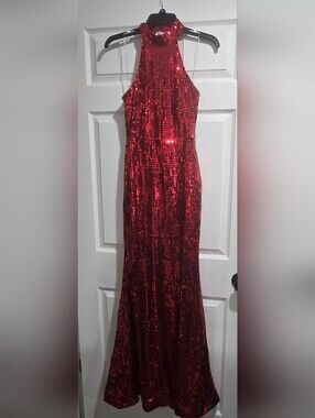 Fashion Nova Red Sequin Halter Prom Dress